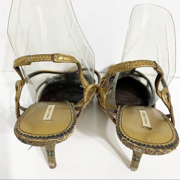 Max Studio Strappy Slingback Leather and Fabric Pointed Toe Fabric Covered Heels - Picture 7 of 12